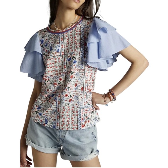 Anthropologie Tops - Anthropologie Let Me Be Flutter Sleeve Top Patchwork Floral Size XS Cotton Boho